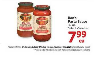Albertsons Rao's Pasta Sauce offer