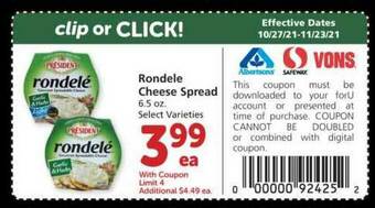 Albertsons Rondele Cheese Spread offer