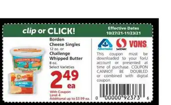 Albertsons Borden Cheese Singles Or Challenge Whipped Butter offer