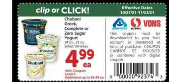 Albertsons Chobani Greek, Complete Or Zero Sugar Yogurt offer