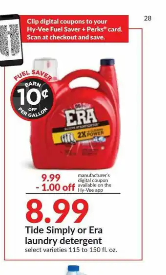 Hy-Vee Tide Simply Or Era Laundry Detergent offer