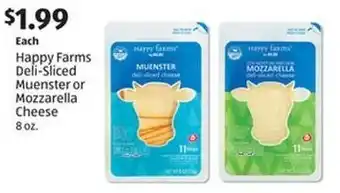 Aldi Happy Farms Deli-Sliced Muenster or Mozzarella Cheese 8 oz. offer