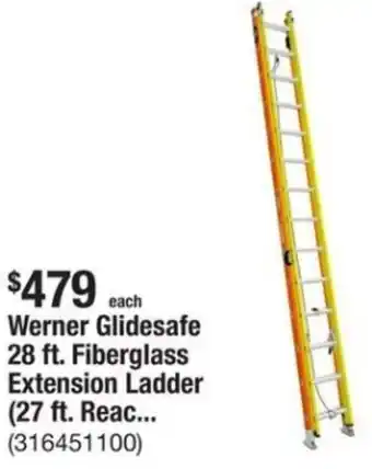 The Home Depot Werner Glidesafe 28 ft. Fiberglass Extension Ladder (27 ft. Reac... (316451100) offer
