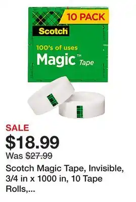 Office Depot Scotch Magic Tape, Invisible, 3/4 in x 1000 in, 10 Tape Rolls, Clear, Home Office and School Supplies offer
