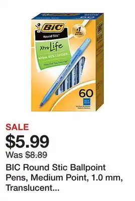 Office Depot BIC Round Stic Ballpoint Pens, Medium Point, 1.0 mm, Translucent Barrel, Blue Ink, Box Of 60 offer