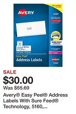 Office Depot Avery Easy Peel Address Labels With Sure Feed Technology, 5160, 1 x 2 5/8, White, Box Of 3,000 offer