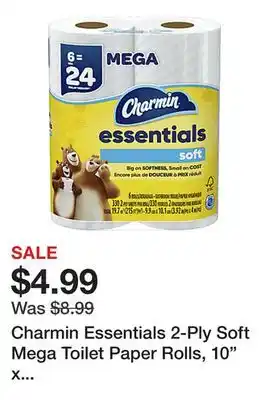 Office Depot Charmin Essentials 2-Ply Soft Mega Toilet Paper Rolls, 10 x 5-1/4, White, 330 Sheets Per Roll, Pack Of 6 Rolls offer