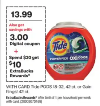 CVS Tide PODS 18-32, 42 ct. or Gain flings! 42 ct offer