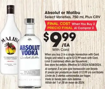 Ralphs Absolut or Malibu offer