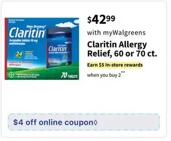 Walgreens Claritin Allergy Relief, 60 or 70 ct offer