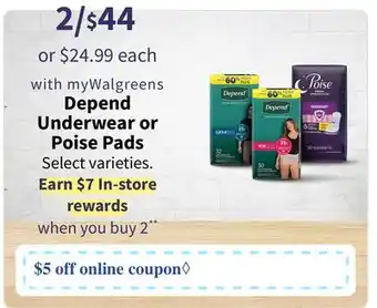 Walgreens Depend Underwear or Poise Pads offer