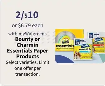 Walgreens Bounty or Charmin Essentials Paper Products offer