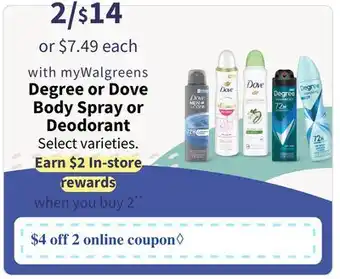 Walgreens Degree or Dove Body Spray or Deodorant offer