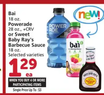 Vons Bai 18 oz. Powerade 28 oz., or Sweet Baby Ray's Barbecue Sauce 18 oz offer