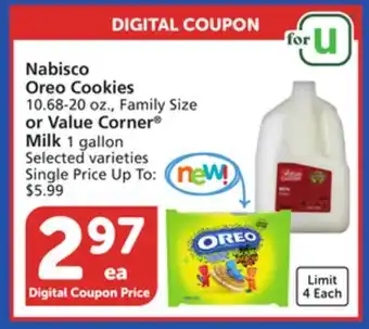 Albertsons Nabisco Oreo Cookies 10.68-20 oz., Family Size or Value Corner Milk 1 gallon offer