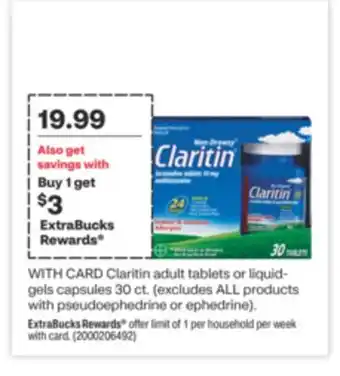 CVS Claritin adult tablets or liquid-gels capsules 30 ct offer