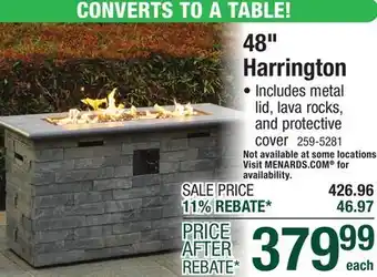 Menards Backyard Creations 50,000 BTU's Harrington Beach Fire Pit Table offer