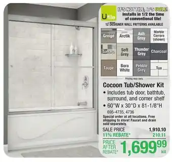 Menards MAAX Utile Cocoon 60W x 30D x 81-1/8H Marble Carrara Bathtub Shower Kit with Right Drain (5-Piece) offer