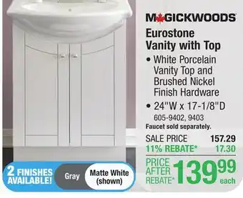 Menards MagickWoods Eurostone 24W x 17-1/8D Matte White Vanity and White Porcelain Vanity Top with Oval Integrated Bowl offer