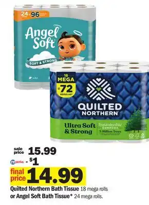 Meijer Quilted Northern Bath Tissue 18 mega rolls or Angel Soft Bath Tissue* 24 mega rolls offer