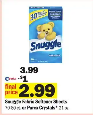 Meijer Snuggle Fabric Softener Sheets 70-80 ct. or Purex Crystals* 21 oz offer