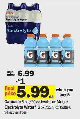 Meijer Gatorade 8 pk./20 oz. bottles or Meijer Electrolyte Water* 6 pk./33.8 oz. bottles offer