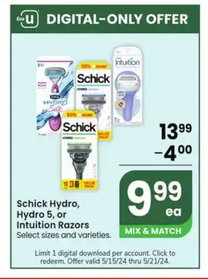 Jewel-Osco Schick Hydro, Hydro 5, or Intuition Razors offer