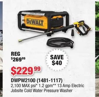 DEWALT 2,100 MAX psi* 1.2 gpm** 13 Amp Electric Jobsite Cold Water Pressure Washer