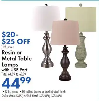 Boscov's Resin or Metal Table Lamps with USB Port offer