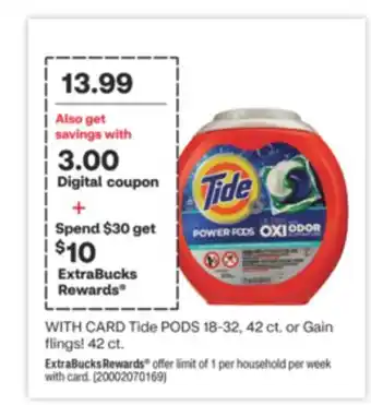 CVS Tide PODS 18-32, 42 ct. or Gain flings! 42 ct offer