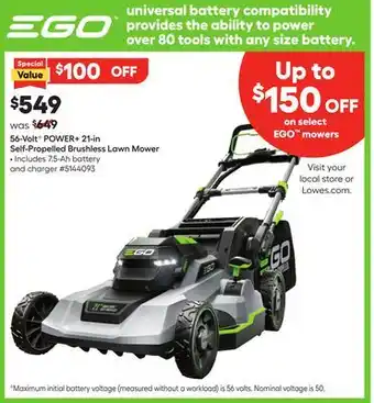 Lowe's 56-VoltG POWER+ 21-in Self-Propelled Brushless Lawn Mower offer