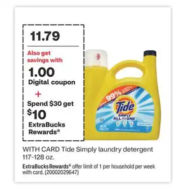 CVS Tide Simply laundry detergent 117-128 oz offer