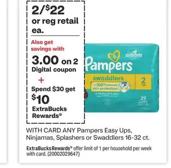 CVS ANY Pampers Easy Ups, Ninjamas, Splashers or Swaddlers 16-32 ct offer