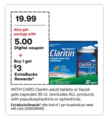 CVS Claritin adult tablets or liquid-gels capsules 30 ct offer