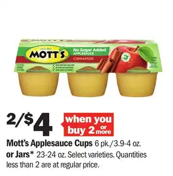 Meijer Mott's Applesauce Cups 6 pk./3.9-4 oz. or Jars offer