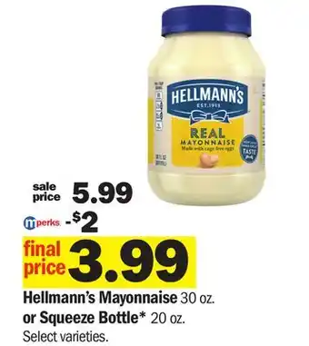 Meijer Hellmann's Mayonnaise 30 oz. or Squeeze Bottle* 20 oz offer
