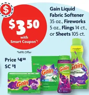 Family Dollar Gain Liquid Fabric Softener 35 oz., Fireworks 5 oz., Flings 14 ct., or Sheets 105 ct offer