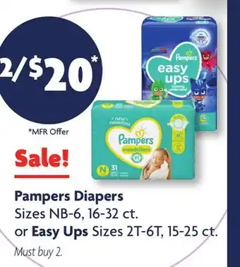Family Dollar Pampers Diapers Sizes NB-6, 16-32 ct. or Easy Ups Sizes 2T-6T, 15-25 ct offer