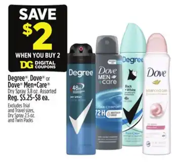 Dollar General Degree , Dove or Dove Men + Care Dry Spray offer