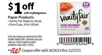 Walgreens Paper Products Vanity Fair Napkins Dixie Cups offer