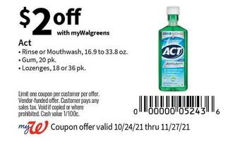Walgreens Act Rinse Or Mouthwash Gum Lozenges offer