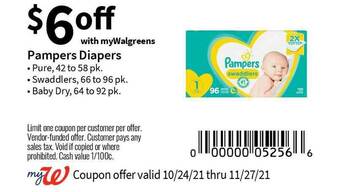 Walgreens Pampers Diapers Pure Swaddlers Baby Dry offer