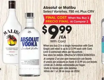 Ralphs Absolut or Malibu offer