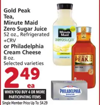 Albertsons Gold Peak Tea, Minute Maid Zero Sugar Juice 52 oz., Refrigerated + CRV or Philadelphia Cream Cheese 8 oz offer