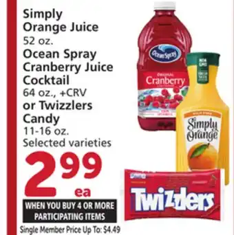 Albertsons Simply Orange Juice 52 oz. Ocean Spray Cranberry Juice Cocktail 64 oz., + CRV or Twizzlers Candy 11-16 oz offer