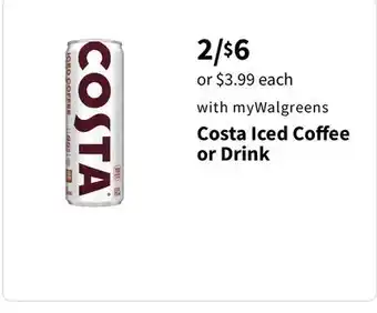 Walgreens Costa Iced Coﬀee or Drink offer
