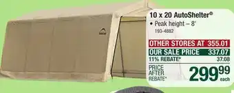 Menards ShelterLogic Peak AutoShelter 10' x 20' x 8' Sandstone Fabric Carport Shelter offer