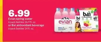 Hy-Vee Evian spring water 6 pack bottles 16.9 fl. oz. or Bai antioxidant beverage 6 pack bottles 14 fl. oz offer