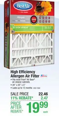 Menards BestAir 20 x 25 x 5 MERV 11 Pleated Air Filter offer