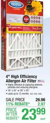 Menards BestAir 20 x 25 x 4 MERV 11 Pleated Air Filter offer